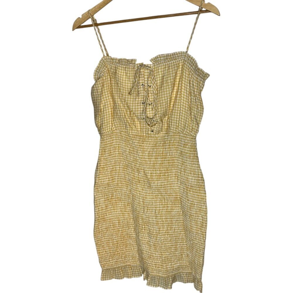 Lost + Wander Size M Gingham Plaid Crepe Mini Dress Yellow Milk Maid Cottagecore